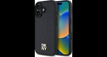 DKNY – Backcover iPhone 16 – PU Leather Repeat Pattern Stack Logo – MagSafe – Zwart