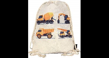 HECKBO Gymtas kinderen – Bouwvoertuigen (graafmachine/vrachtwagen) – 32×40 cm – Katoen/Polyester – Spatwaterdicht - cadeau - kado