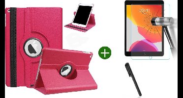Hoes geschikt voor iPad 2021/2020/2019 (10.2 inch) draaibaar + screenprotector - tempered glass + stylus pen - Pink