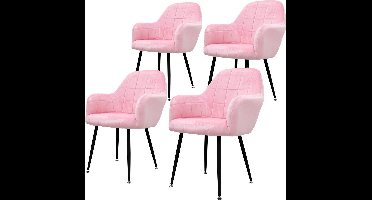 Eetkamerstoel set van 4 met rugleuning en armleuningen Roze keukenstoel met microvezel fluwelen hoes
