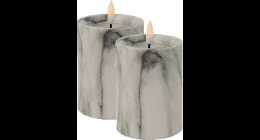 Excellent Houseware LED kaars - 2x -wit/grijs marmer - D7,5 x H10 cm -met timer