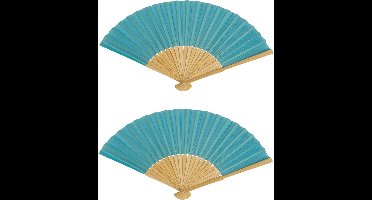 Spaanse handwaaier - 2x - special colours - turquoise blauw - bamboe/papier - 21 cm