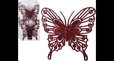 Decoris kerstboom decoratie vlinders op clip - 6x - donkerrood - 13 cm