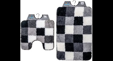 Wicotex - Badmat set met Toiletmat - WC mat met uitsparing Zwart Grijs Wit geblokt - Antislip onderkant