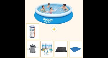 Bestway Rond Opblaasbaar Fast Set Zwembad - 366 x 76 cm - Blauw - Inclusief Pomp - Onderhoudspakket - Solar Mat - Grondzeil - Filter - 6-delig