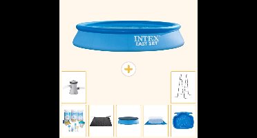 Intex Rond Opblaasbaar Easy Set Zwembad - 305 x 61 cm - Blauw - Inclusief Onderhoudspakket - Solar Mat - Afdekzeil - Grondzeil - Zwembadfilterpomp - Voetenbad - Ladder - 8-delig