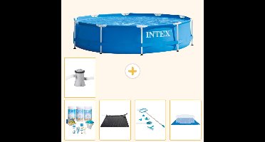 Intex Rond Frame Zwembad - 305 x 76 cm - Blauw - Inclusief Onderhoudspakket - Solar Mat - Schoonmaakset - Grondzeil - Zwembadfilterpomp - 6-delig
