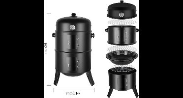 BBQ - BBQ Houtskool - Smoker - 3-in-1 - Ø45cm - Verticale - Barbecue - met Thermometer, Deksel en 2 Roestvrijstalen Roosters – Klassiek Model voor Buiten - Rookoven - Ronde