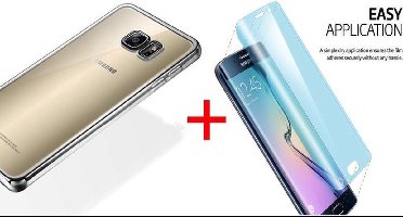Hoesje geschikt voor Samsung Galaxy S7 Edge - Electroplating TPU Case Transparant met Zilveren Bumper + Curved Tempered Glass Screenprotector 2,5D 9H (Gehard Glas)