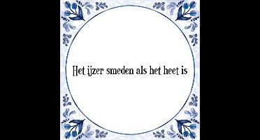 Tegeltje met Spreuk (Tegeltjeswijsheid): Het ijzer smeden als het heet is + Kado verpakking & Plakhanger