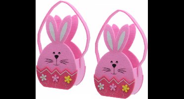 2x stuks paaseieren mandje Paashaas van roze vilt 11 x 20 cm - Paasmandjes