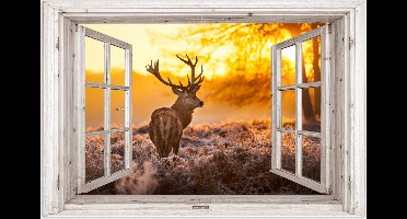 Poster 30x20 cm - Hert - Herfst - Dieren - Natuur - Bos - Doorkijk - Posters - Kamer decoratie - Wanddecoratie woonkamer - Muurdecoratie slaapkamer