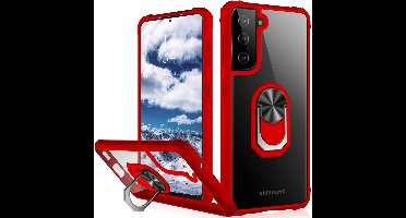 Hoesje Geschikt Voor Samsung Galaxy S21 Plus hoesje - Premium Shock Proof hoesje transparant Rood randen backcover case met kickstand - Hoesje Geschikt Voor Samsung Galaxy S21 Plus hoesje met Ring houder / Ring vinger houder / standaard
