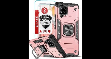 Hoesje Geschikt Voor Samsung Galaxy A42 Hoesje Heavy Duty Armor Hoesje Rose Goud - Hoesje Geschikt Voor Samsung Galaxy A42 5G hoesje Kickstand Ring cover met Magnetisch Auto Mount- Hoesje Geschikt Voor Samsung Galaxy A42 5G screenprotector 2 pack