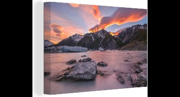 Canvas Schilderij Zonsopgang bij Tasman Lake en Mount Cook in Canterbury, Nieuw-Zeeland - 60x40 cm - Wanddecoratie