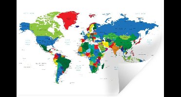 Muursticker Wereldkaarten - Wereldkaart kleurrijk - 30x20 cm - zelfklevend plakfolie - herpositioneerbare muur sticker