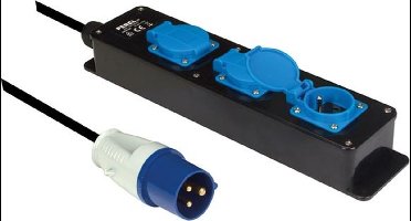 Perel Stekkerdoos, 3 klapdeksels, 3 stopcontacten met penaarde (type E), CEE-stekker, kabel 3 m, 3G2.5, voor binnen en buiten, zwart/blauw
