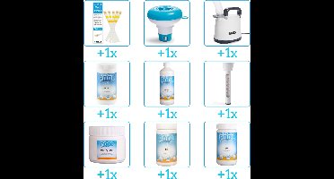 Alles-in-1 Zwembad Onderhoudspakket - bevat Chloor - PH-min - PH-plus - Chloor - Algen - Thermometer - Testrips - Chloordrijver en Dompelpomp (9-delig)