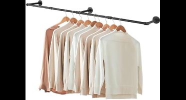 Industriële buisvormige kledingstangen, 180 cm, kledingrek voor aan de muur, rustieke kledingopslag, ruimtebesparend wandrek met 3 bases