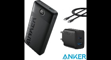 Anker PowerCore Powerbank 20.000 mAh met display - Zwart - 15W - USB-A en USB-C + Anker 20W sneloplader 2-port inclusief USB-C kabel 1,5M - Voordeelbundel