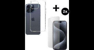 Mobiparts Classic TPU hoesje geschikt voor Apple iPhone 15 Pro Max met 2 Screenprotectors van Gehard Glas - Transparant