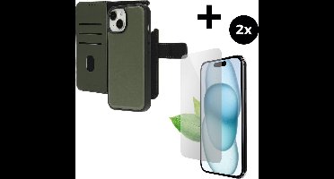 Mobiparts Leather 2 in 1 Wallet Case hoesje geschikt voor Apple iPhone 15 met 2 Screenprotectors van Gerecycled Gehard Glas - Groen