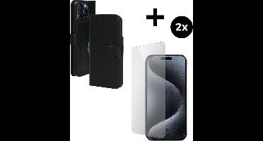 Mobiparts Classic Wallet hoesje geschikt voor Apple iPhone 15 Pro Max met 2 Screenprotectors van Gehard Glas - Zwart