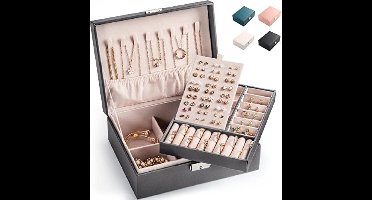 Sieradenkoffer Sieradenkistje Dubbellaags Sieradendoos Sieradenkastje Organizer voor kettingen, oorbellen, ringen, vrouwen (Grijs)