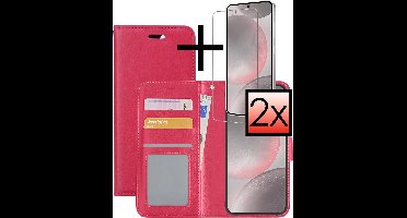 Hoesje - Met 2x Screenprotector - Geschikt voor Samsung Galaxy S24 Plus - Luxe Pasjeshouder - Bookcase Portemonee - Flip Case - Kunstleer Book Case - Flipcase Hoes - Book Cover - Walletcase - Portemonneehoes - Donkerroze