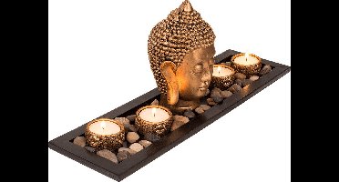 Out of the Blue Boeddha hoofd - met waxinelichthouders - op plateau - 41 cm - Kaarsenplateau Boeddha - Kaarsenbord