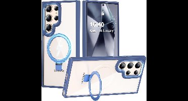 Hoesje Geschikt voor Samsung Galaxy S24 Ultra hoesje Blauw - kickstand Draaibare Ring Houder - Geschikt voor Magsafe