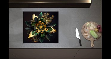 Inductieplaat Beschermer - Bloem in Groen en Goud Tinten - 57x52 cm - 2 mm Dik - Inductie Beschermer - Bescherming Inductiekookplaat - Kookplaat Beschermer van Zwart Vinyl