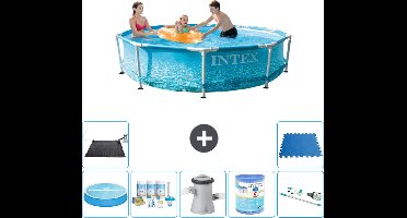 Intex Rond Frame Zwembad - 305 x 76 cm - Waterprint - Inclusief Solarzeil - Onderhoudspakket - Zwembadfilterpomp - Filter - Stofzuiger - Solar Mat - Vloertegels