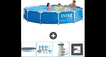 Intex Rond Frame Zwembad - 366 x 76 cm - Blauw - Inclusief Afdekzeil - Onderhoudspakket - Zwembadfilterpomp - Vloertegels
