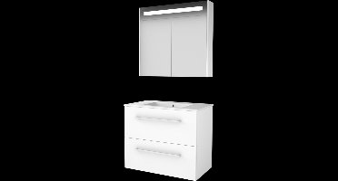 Basic Premium 46 badmeubelset met spiegelkast met geïntegreerde LED verlichting, wastafelonderkast met grepen, 2 lades en porseleinen wastafel met 1