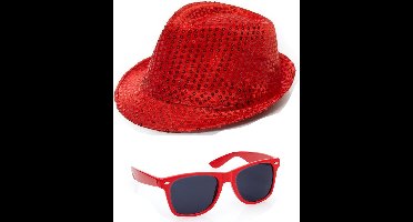 Folat - Verkleedkleding set glitter hoed/party bril rood volwassenen