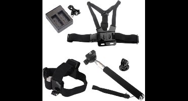 Accessoireset voor o.a. GoPro & EKEN - Borstband - Hoofdband - Selfie Stick - Oplader
