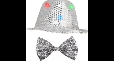 Smiffys Verkleedkleding set zilver LED light hoedje/strikje volwassen