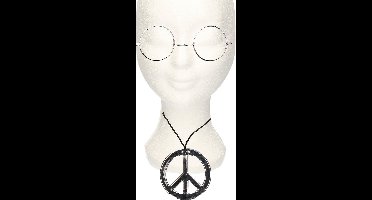 Hippie Flower Power verkleed set peace-teken ketting met ronde transparante glazen bril