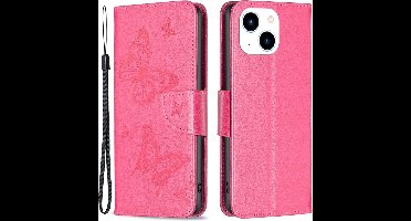 Geschikt voor iPhone 14 wallet portemonnee hoesje - Roze Vlinders