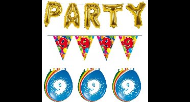 Folat - Verjaardag feestversiering 9 jaar PARTY letters en 16x ballonnen met 2x plastic vlaggetjes