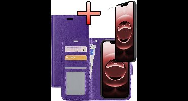 Hoesje - Met Screenprotector - Geschikt voor Apple iPhone 16e / 17e - Luxe Pasjeshouder - Bookcase Portemonee - Flip Case - Kunstleer Book Case - Flipcase - Book Cover - Walletcase - Portemonneehoes - Paars