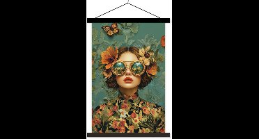 Posterhanger incl. Poster 120x180 cm - Schoolplaat - Vrouw - Bloemen - Vlinders - Natuur - Vintage - Textielposter - Zwarte latten
