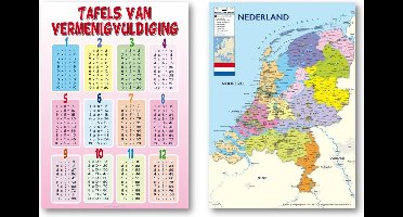 Nederland kaart en Tafels van vermenigvuldiging poster - Set van twee posters - Educatief - Roze tafel poster - Formaat 50 x 70 cm