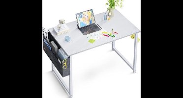 Klein bureau, computertafel, bureautafel met koptelefoonhouder en opbergtas, bureau, kleine werkkamer, houten pc-tafel, kantoortafel voor thuis, kantoor (wit, 80 x 40 x 73,2 cm)