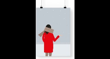 Artprint Sneeuw - Winterse illustratie in A3 formaat - Poster met meisje dat de eerste sneeuw opvangt