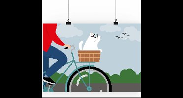 Artprint Fietsen met kat - illustratie in A3 formaat - Poster met fietsend persoon met een kat in de voormand