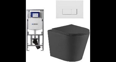QeramiQ Dely Toiletset - 36.3x51.7cm - diepspoel - rimless - Geberit UP320 inbouwreservoir - met Burda frame - softclose toiletzitting - mat witte bedieningsplaat - rechtehoekige knoppen - zwart mat
