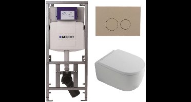 QeramiQ Dely Swirl Toiletset - 36.3x51.7cm - Geberit UP320 inbouwreservoir - met Burda frame - 35mm zitting - bedieningsplaat taupe - ronde knoppen - wit glans