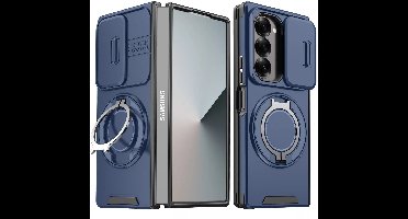Hoesje Geschikt voor Samsung Galaxy Z Fold 6 hoesje Blauw backcover met Met Draaibare Ring Houder en camera bescherming